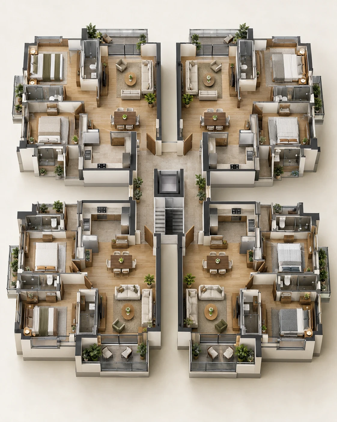 Illustrative four-home floor layout around a shared lift core; not an approved plan