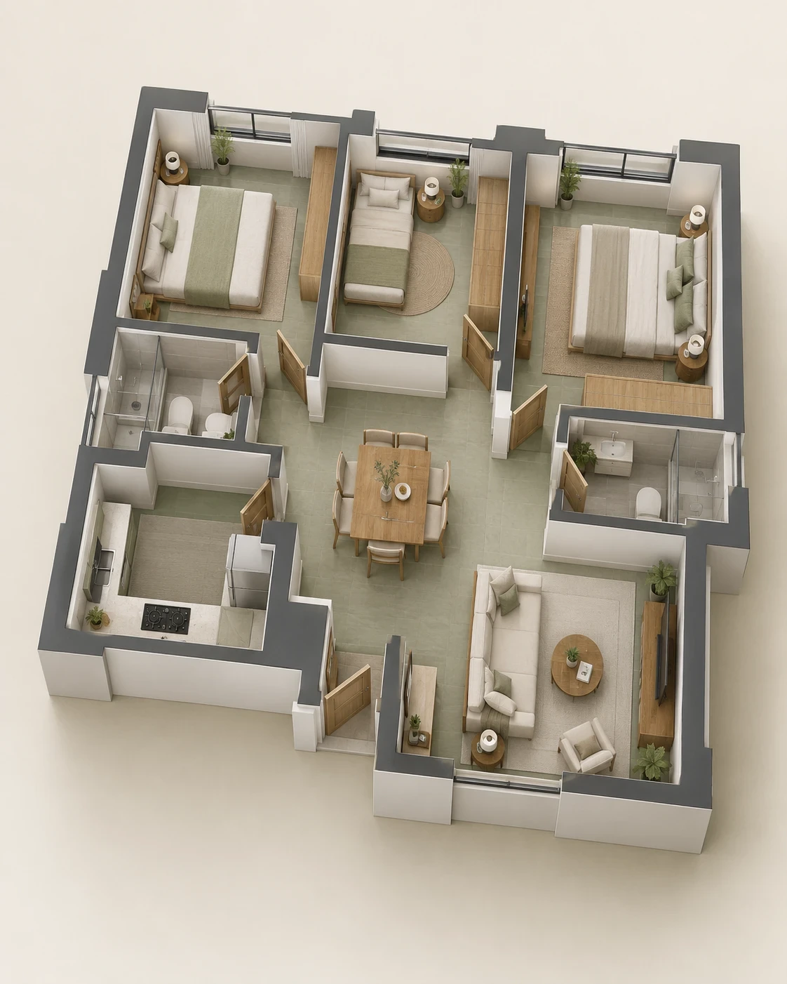 General apartment cutaway emphasizing interior rooms and usable floor space; illustrative concept